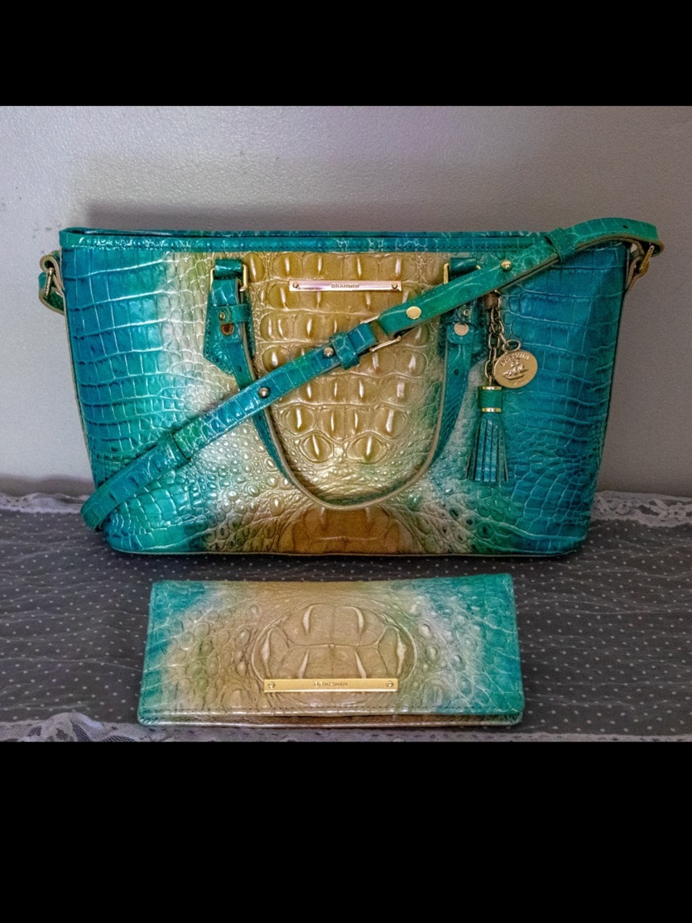 Brahmin Teal & Tan Ombre Croc-Embossed Tote with Matching Wallet